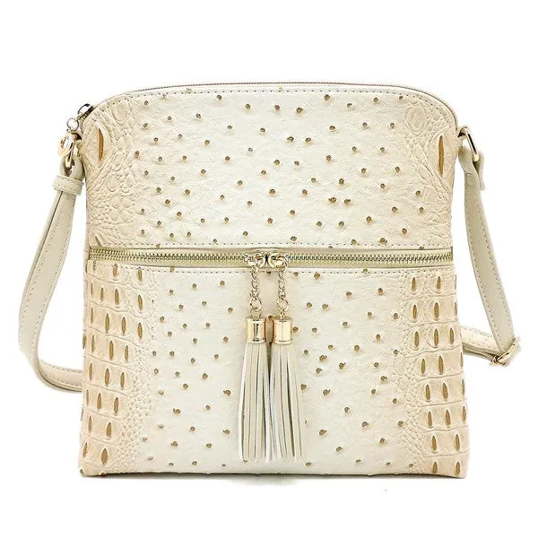 TEEK - Ostrich Croc Zip Tassel Crossbody Bag