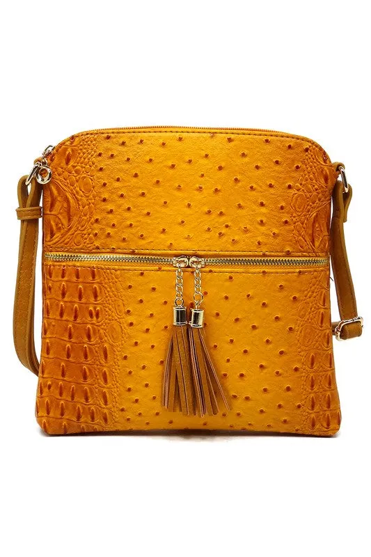 TEEK - Ostrich Croc Zip Tassel Crossbody Bag