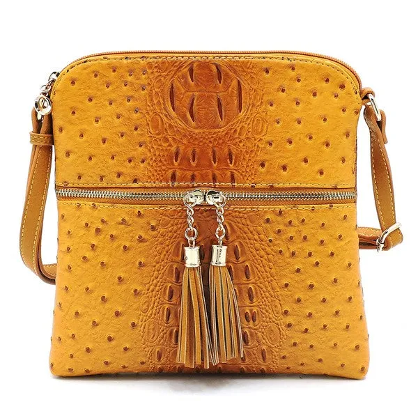 TEEK - Ostrich Croc Zip Tassel Crossbody Bag