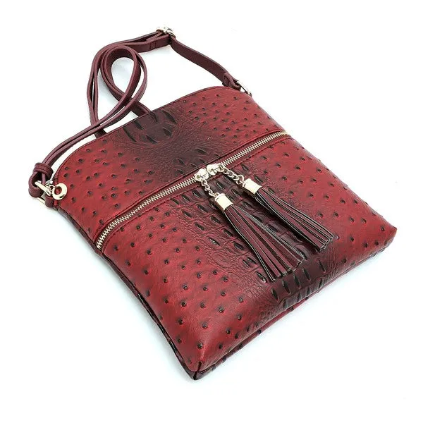 TEEK - Ostrich Croc Zip Tassel Crossbody Bag