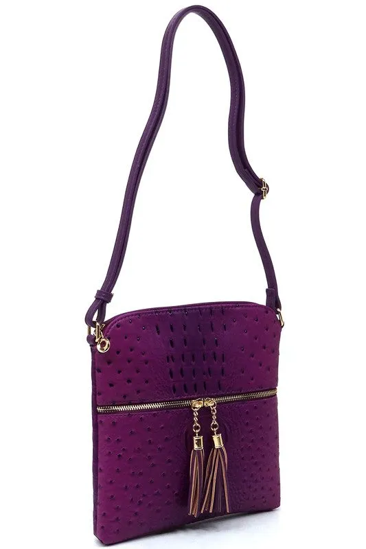 TEEK - Ostrich Croc Zip Tassel Crossbody Bag