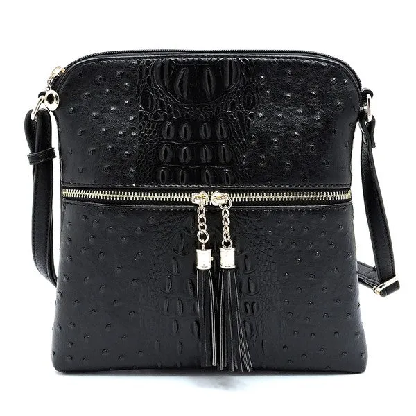 TEEK - Ostrich Croc Zip Tassel Crossbody Bag