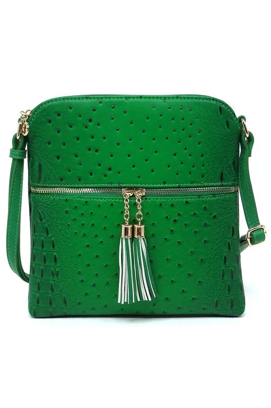 TEEK - Ostrich Croc Zip Tassel Crossbody Bag