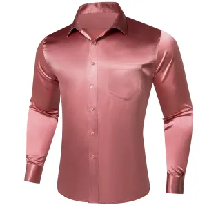 Ties2you Collar Shirt Coral Red Satin Solid Button Up Long Sleeve Shirts for Men