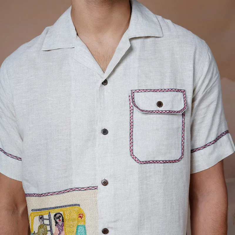 Unisex Linen Embroidered Shirt | Beige