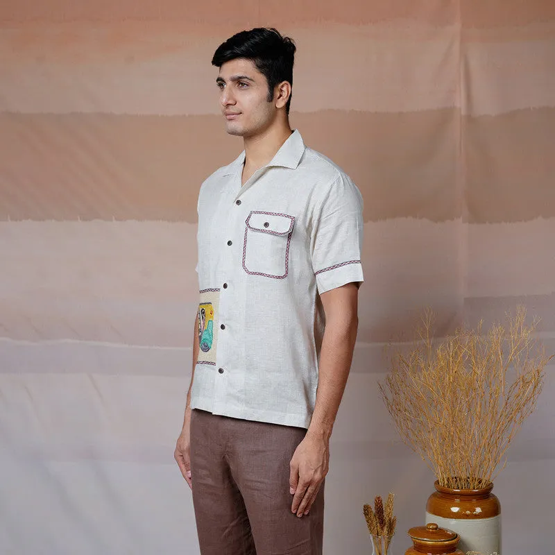 Unisex Linen Embroidered Shirt | Beige