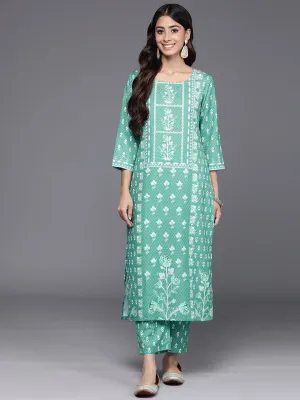 Varanga Women Sea Green Printed Kurta Set Paired With Printed Bottom