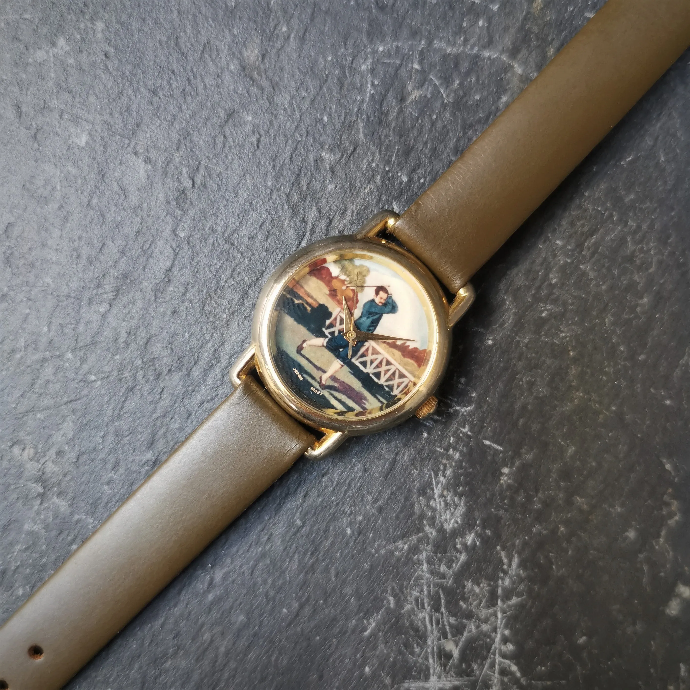 Vintage Faded Gold Plated Women's Quartz Watch // Genuine Leather Navy Strap // Unique Golf Design Dial