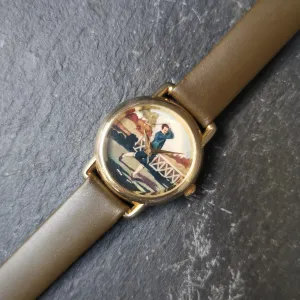 Vintage Faded Gold Plated Women's Quartz Watch // Genuine Leather Navy Strap // Unique Golf Design Dial