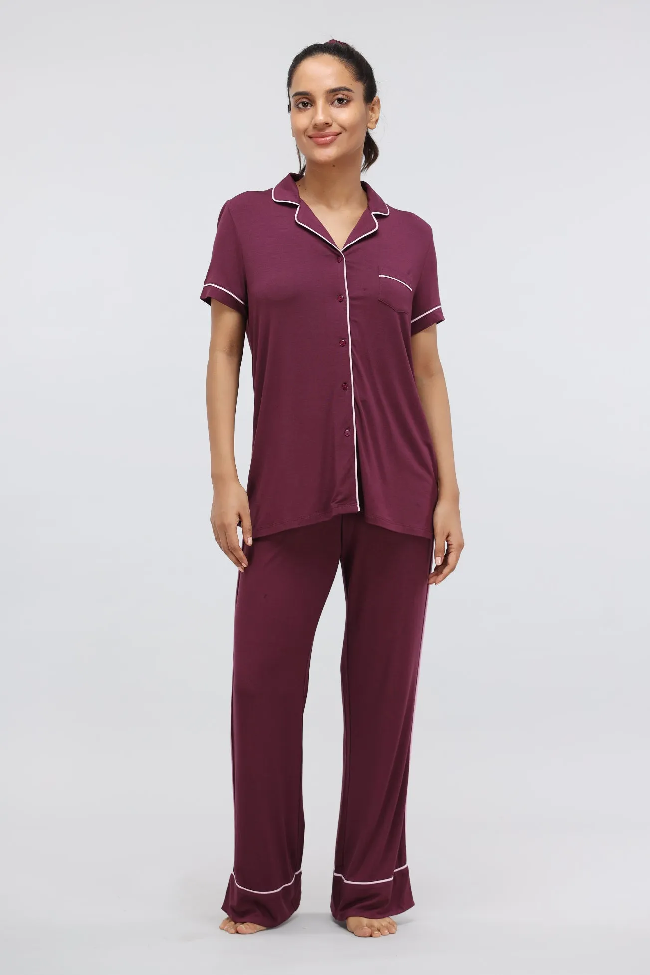 Wine Modal Piping Half Sleeve Top