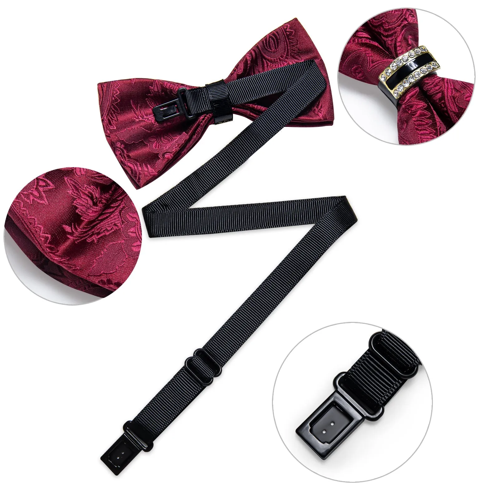 Wine Red Paisley Silk Luxury Pre-tied Ring Bow Tie Hanky Cufflinks Set