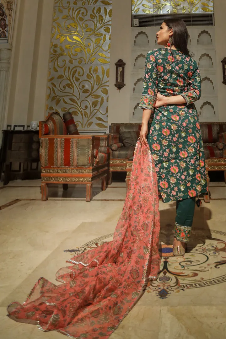 Women Green Floral Printed Kurta Pant Set With Dupatta