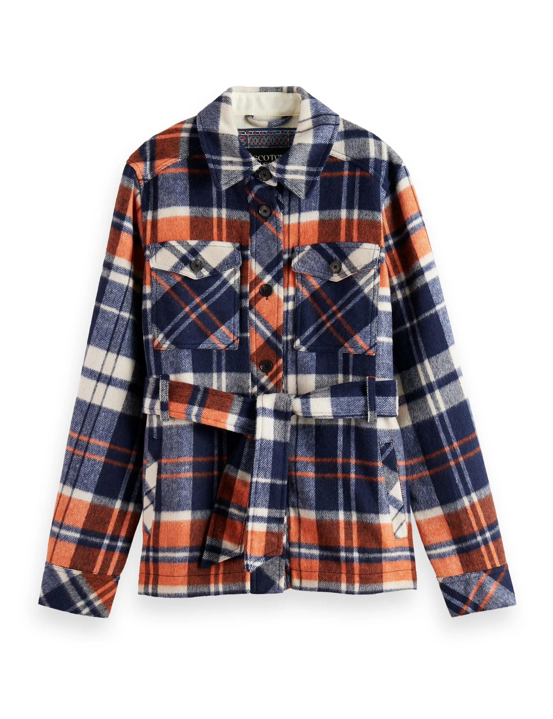 Wool blend checked belted overshirt in Dusk