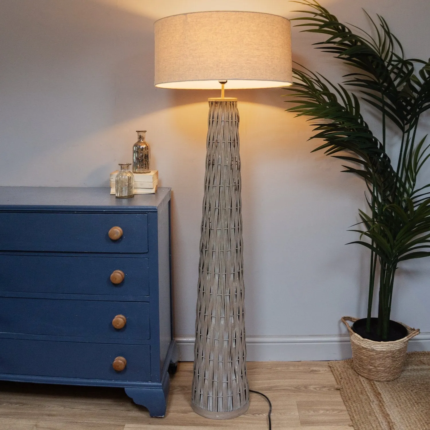 Woven Bamboo Tapered Floor Lamp with Linen Shade