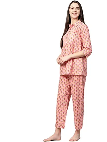 Yash Gallery Women's Cotton Straight Floral Printed Night Suit for Women (1265YKPINK_Pink_XXXX-Large)